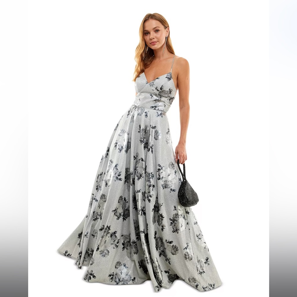 City Studios Lace-Up Floral Glitter Gown